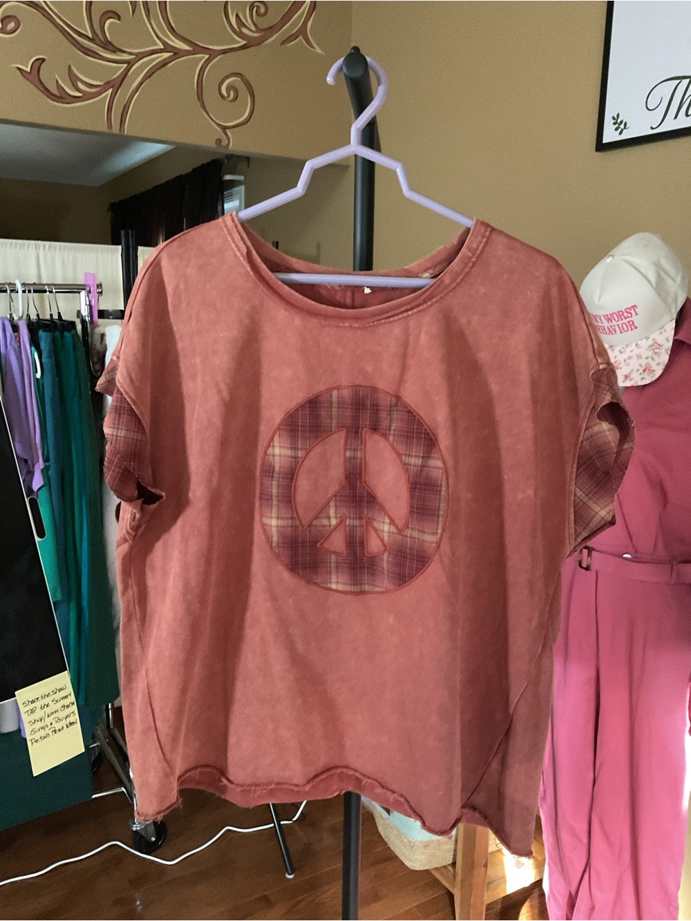 Umgee Rust Short-Sleeve Tee with Plaid Peace Sign